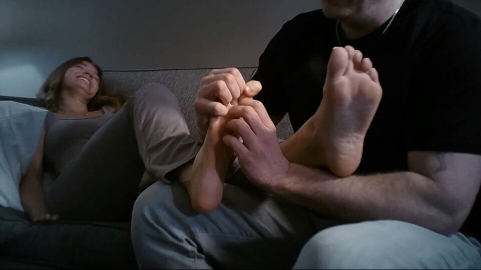 Tino Tickles Lacie's Bare Feet after Sock Removal on the Couch